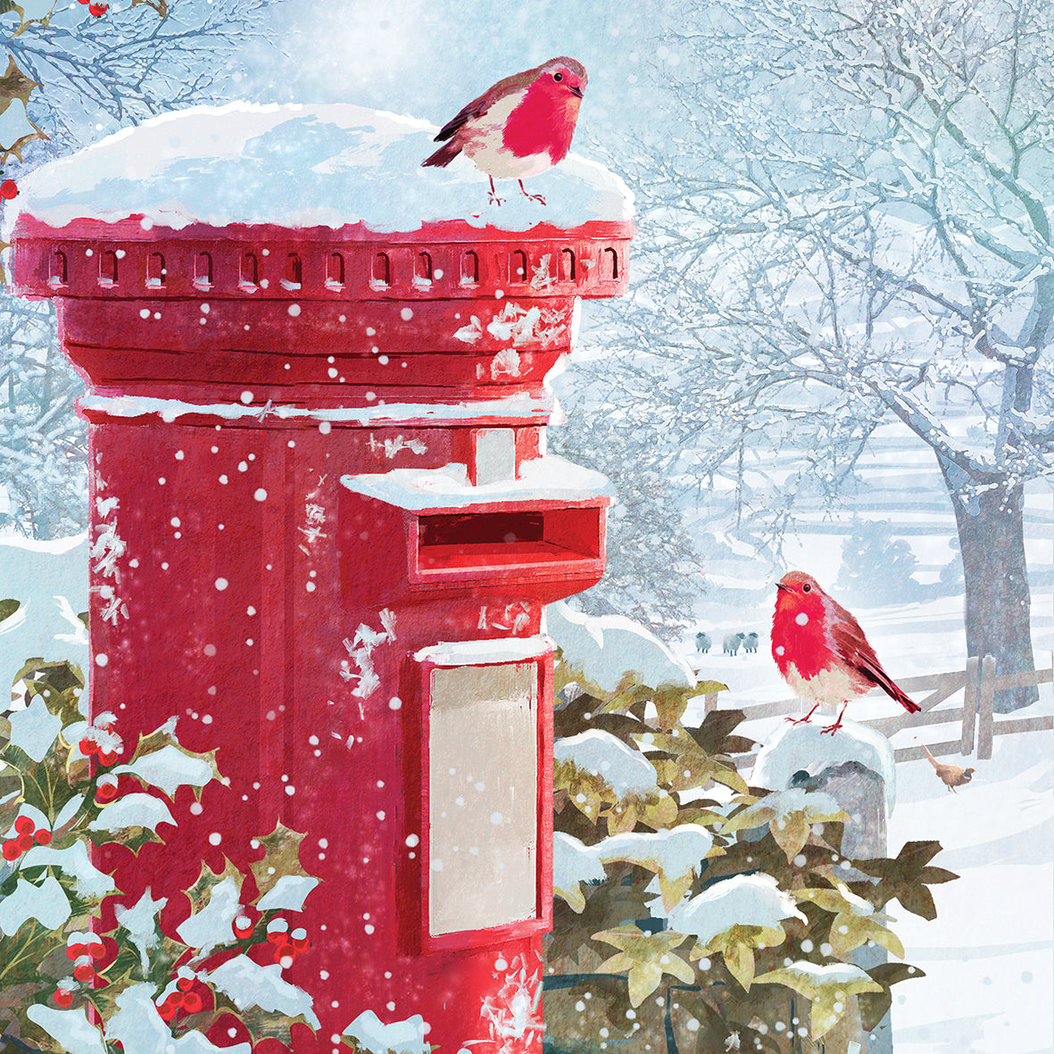 Help for Heroes Christmas card featuring a red post box and festive robins in a winter wonderland