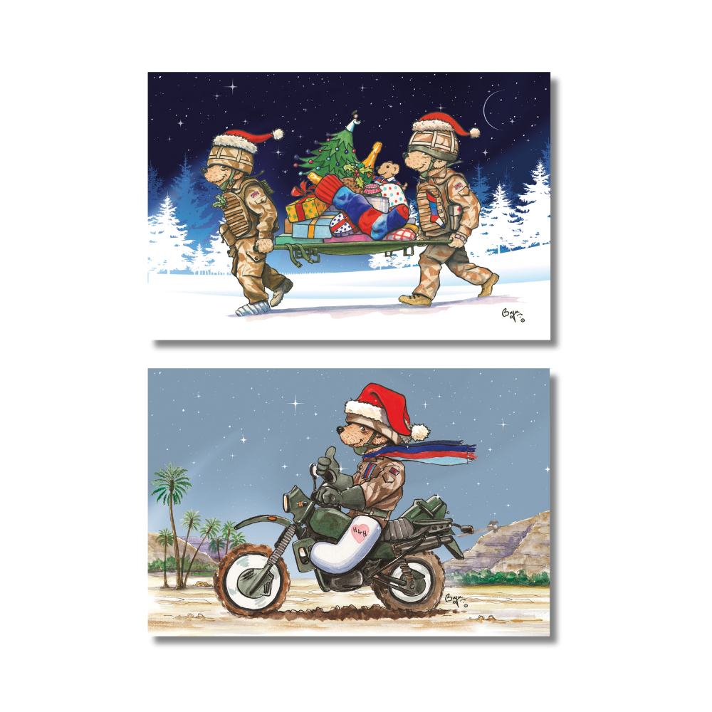 Help for Heroes charity christmas cards featuring two Bryn Parry illustrations of festive military bears