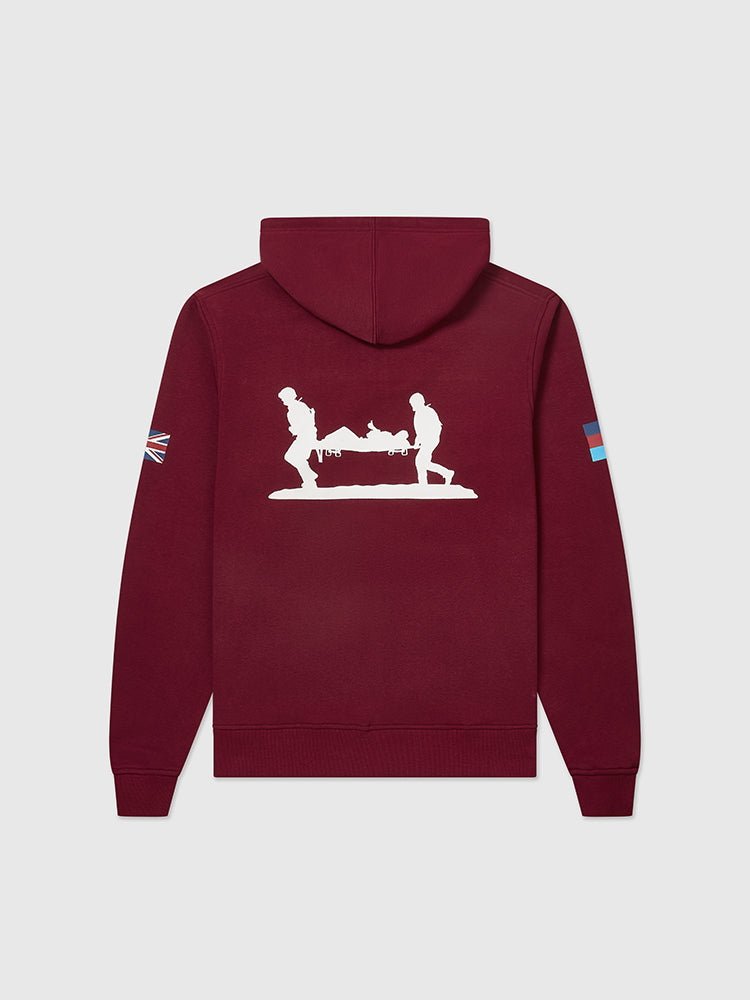 Back image of burgundy zipped hoody featuring printed Help for Heroes logo on the front and Stretcher Bearer logo on the back. Union Jack flag printed on sleeve