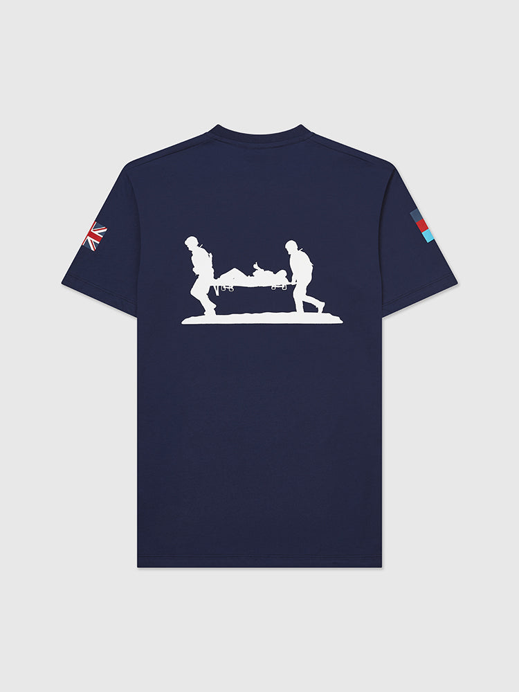 Back image of navy t-shirt, featuring the Help for Heroes logo, tri colour and union jack flags and stretcher bearer logo printed on the back