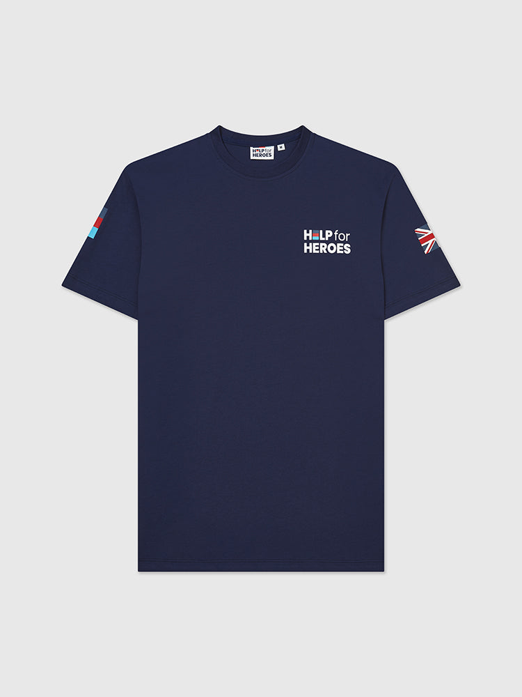 Front image of navy t-shirt, featuring the Help for Heroes logo, tri colour and union jack flags and stretcher bearer logo printed on the back