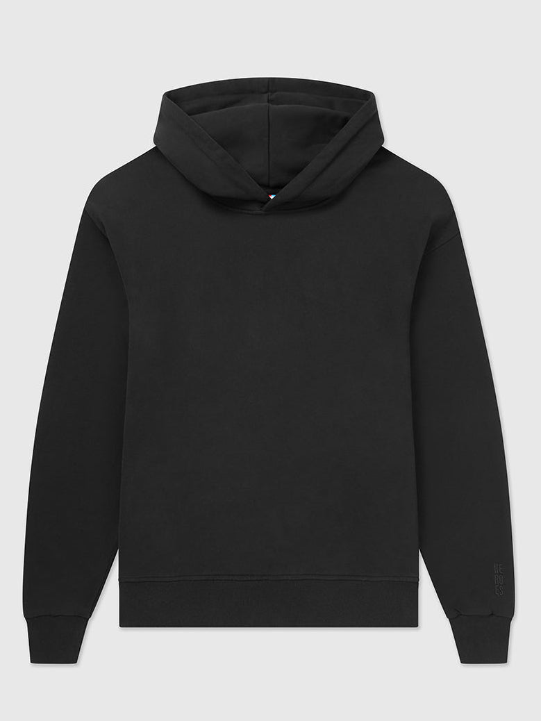 Front image of relaxed fit pullover black hoodie. Featuring a subtle embroidered Help for Heroes logo on the sleeve