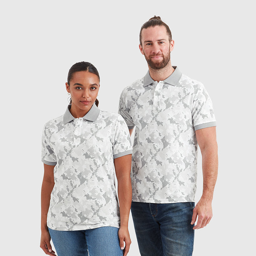 Two models wearing jersey grey camo polo shirts, featuring branded buttons and embroidered Help for Heroes logo on the sleeve