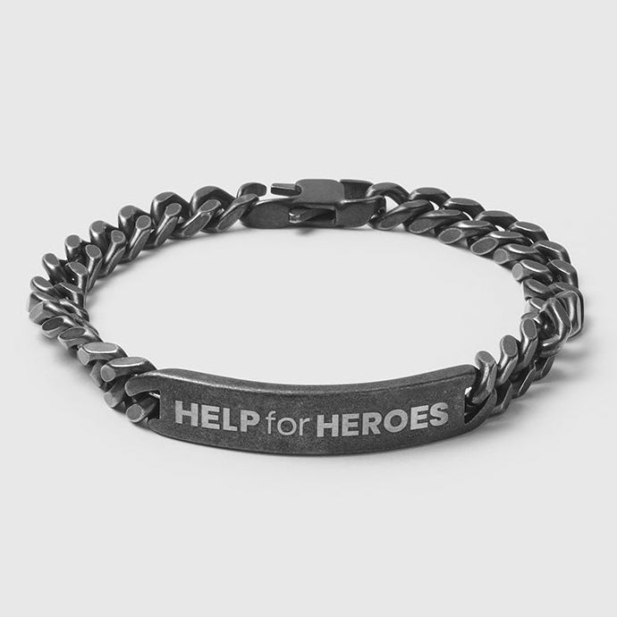 Help for Heroes silver gunmetal chain wristband, featuring the help for heroes logo