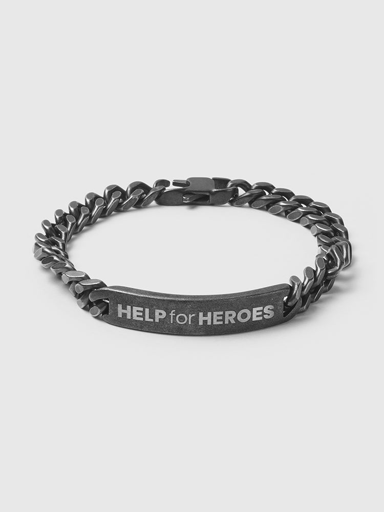 Help for Heroes silver gunmetal chain wristband, featuring the help for heroes logo
