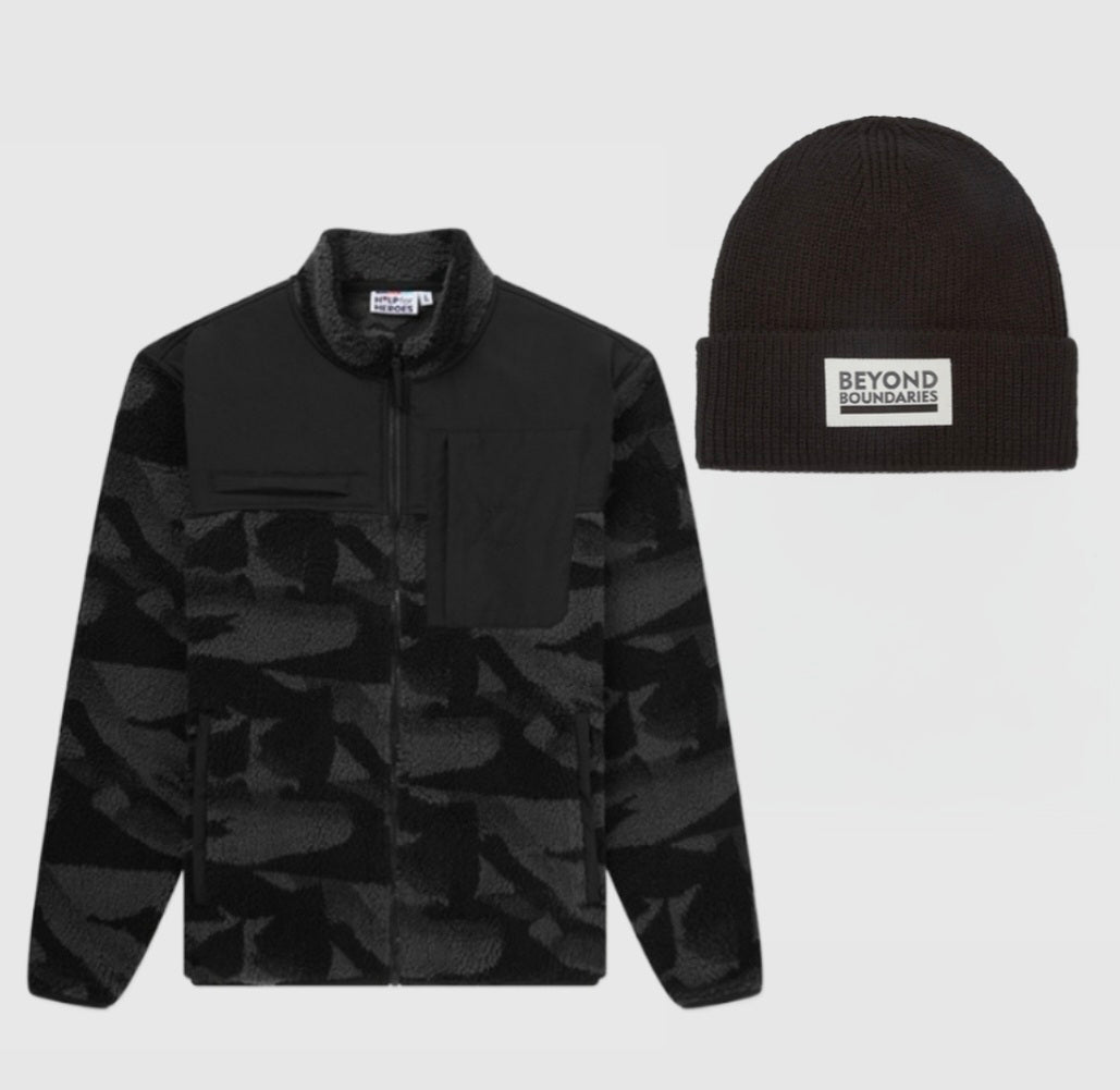 Help for Heroes heavyweight fleece jacket and beanie bundle in grey camo