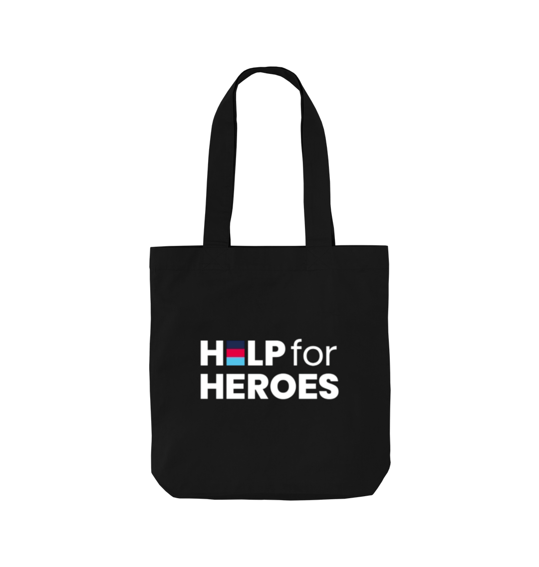 Flat lay image of black Tote bag with Help for Heroes logo printed on the front