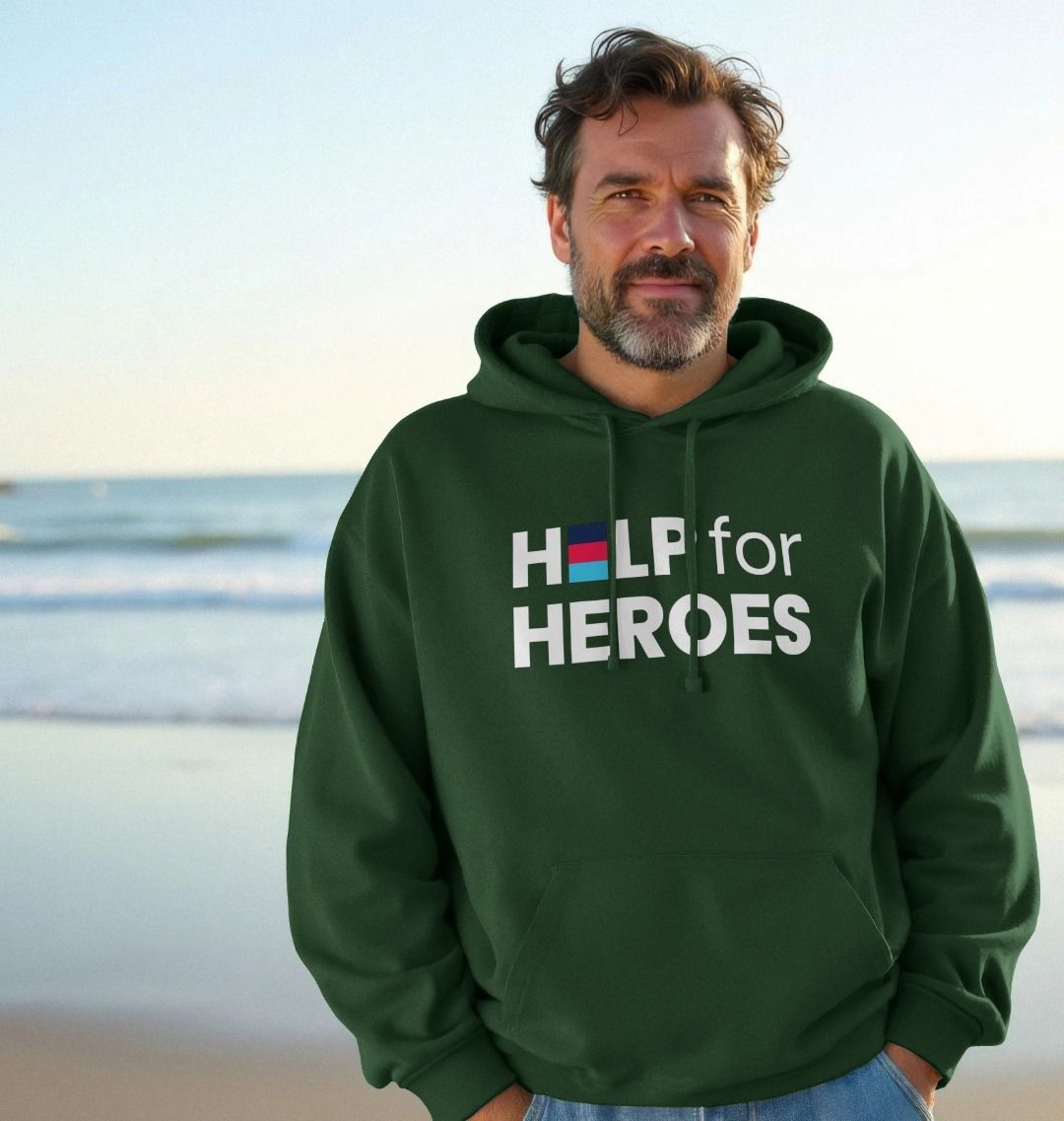 Man wearing a Help for Heroes logo hoodie in dark green