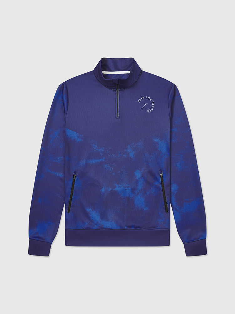 Front image of mid layer blue sports top, featuring printed Help for Heroes logo