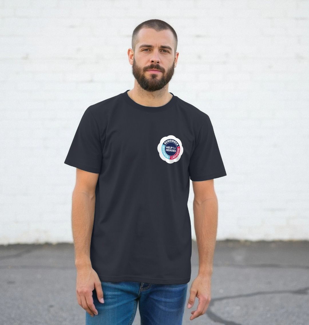 Model wearing a navy Remembrance Day T-shirt