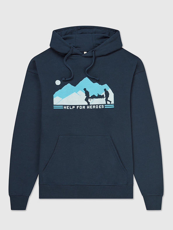 Front image of navy pullover Help for Heroes hoodie, featuring the stretcher bearer logo against a mountain landscape 
