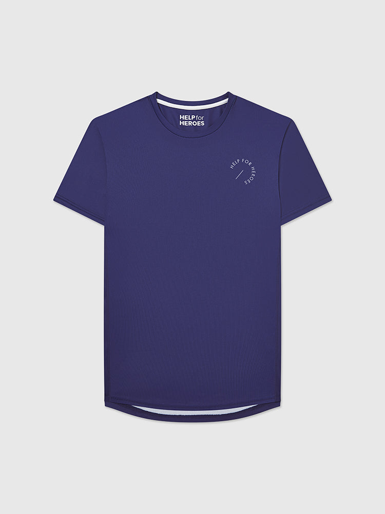 Front image of blue sports top featuring the help for heroes logo printed on the chest