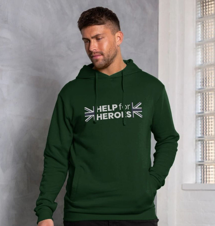 Man wearing a Help for Heroes Union Jack Logo Hoodie in Green