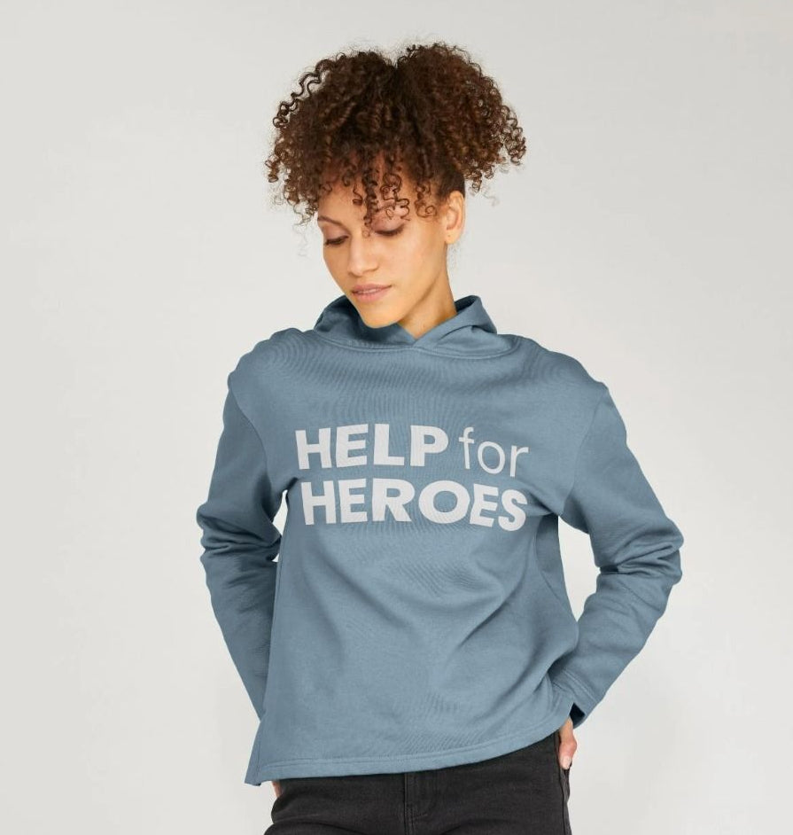 Model wearing a blue Help for Heroes women's hoodie