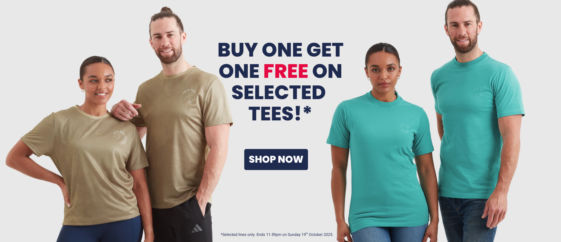 Promotional banner with people wearing tees and a buy one get one free offer.