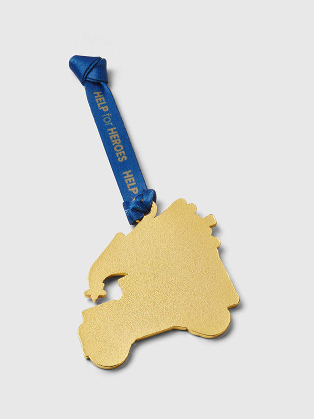 Help for Heroes enamel xmas decoration depicting a land rover carrying a Christmas tree
