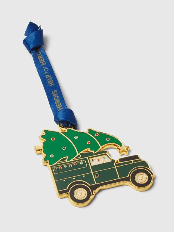 Help for Heroes enamel xmas decoration depicting a land rover carrying a Christmas tree