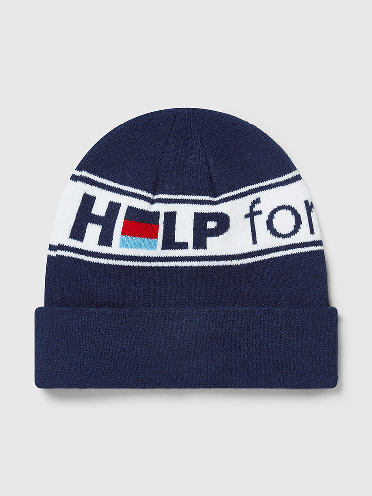Navy beanie hat, featuring Help for Heroes and tri colour logo