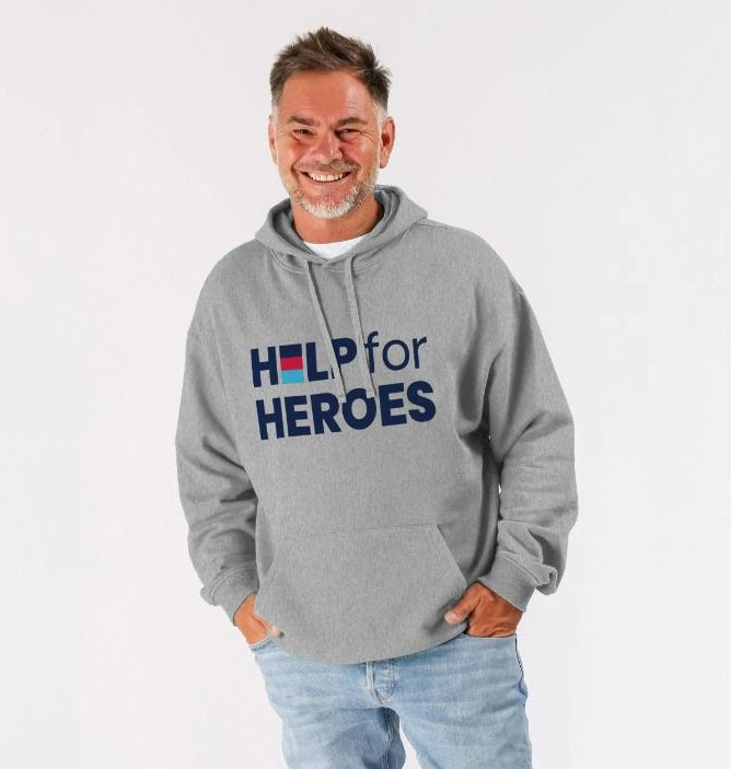 Man wearing Help for Heroes Logo Organic Cotton Hoodie in grey