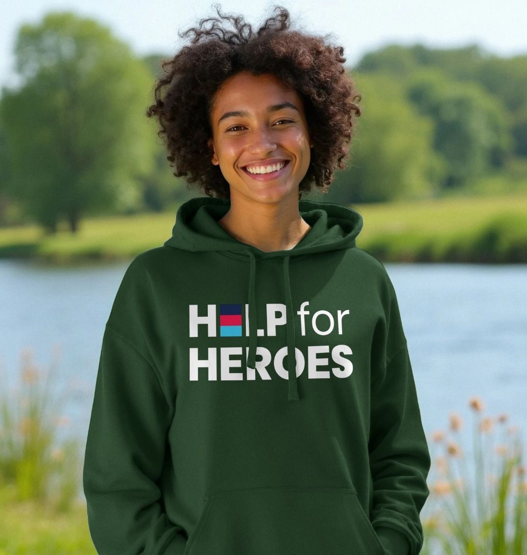 Model wearing a green Help for Heroes Logo Hoodie