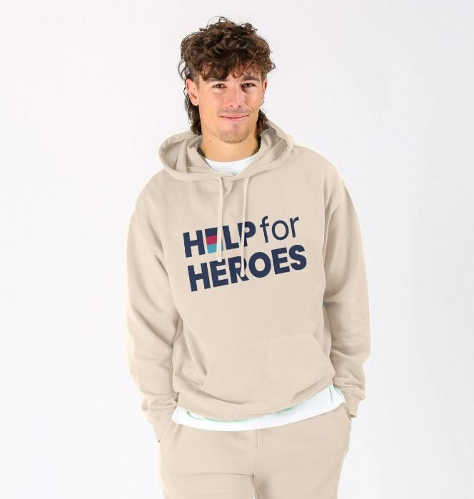 Model wearing Help for Heroes logo organic cotton hoodie in oat