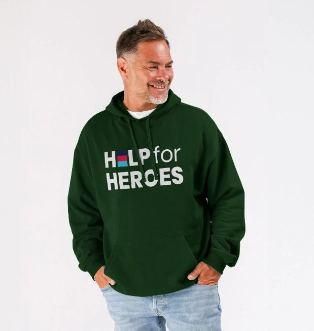 Man wearing a dark green Help for Heroes hoodie