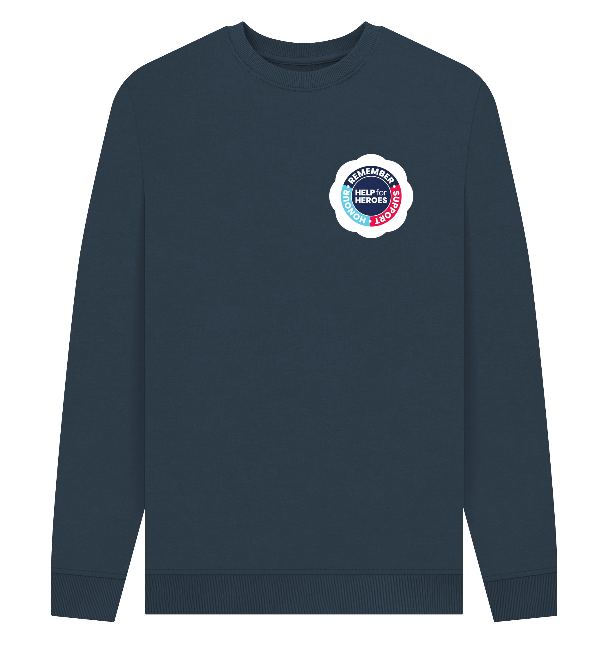 Navy blue sweatshirt with a Help for Heroes circular logo on a white background