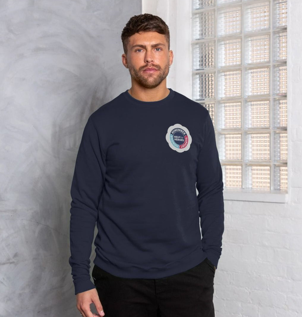 Model wearing a navy Help for Heroes sweatshirt with a Remembrance Day logo