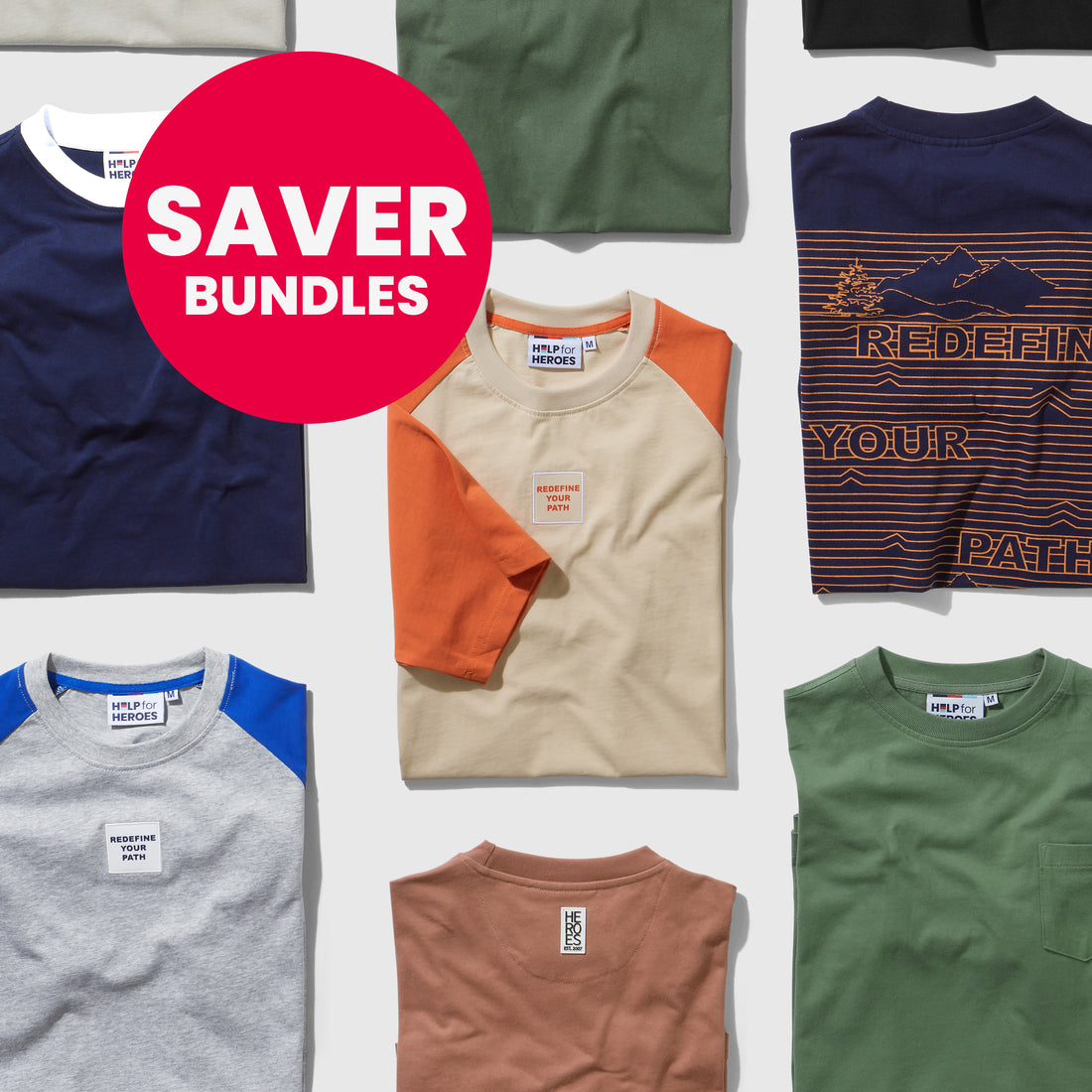 Collection of t-shirts in various colors with a 'SAVER BUNDLES' label on a white background.