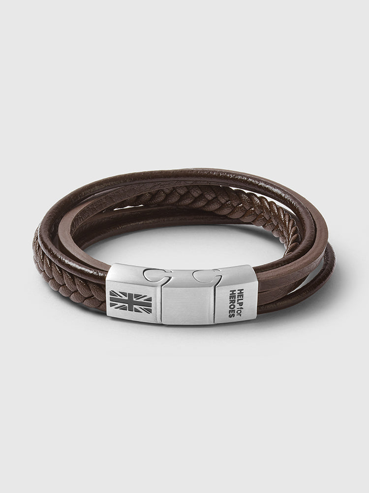 Help for heroes stacked brown leather bracelet. With a metal clasp featuring union jack and logo