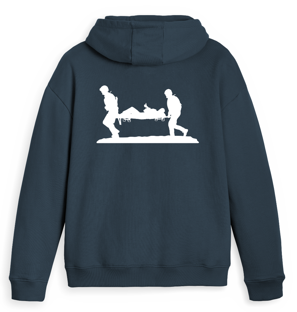 Navy blue hoodie with white graphic on the back against a solid background