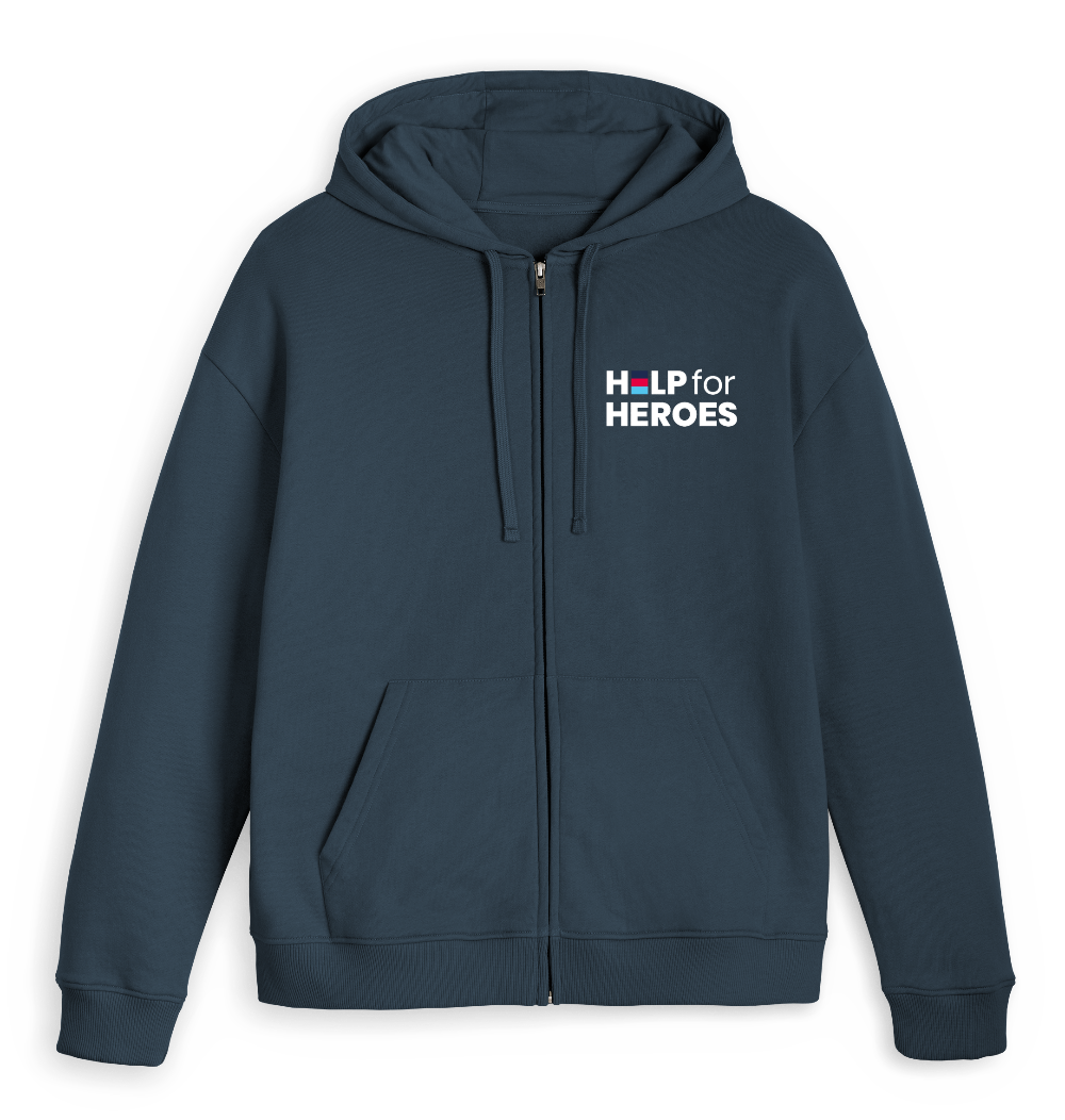 Navy blue hoodie with 'Help for Heroes' logo on a solid background