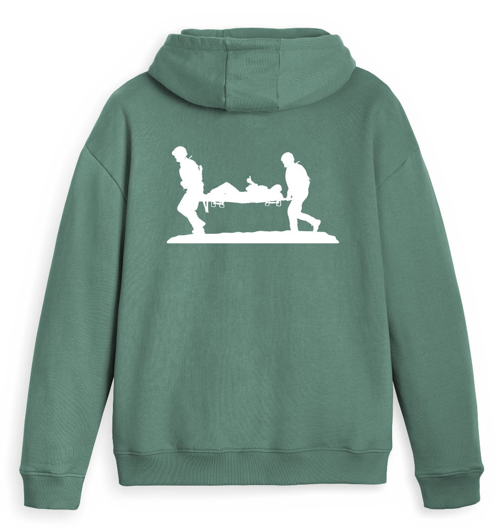 Surf green hoodie with white graphic on the back.
