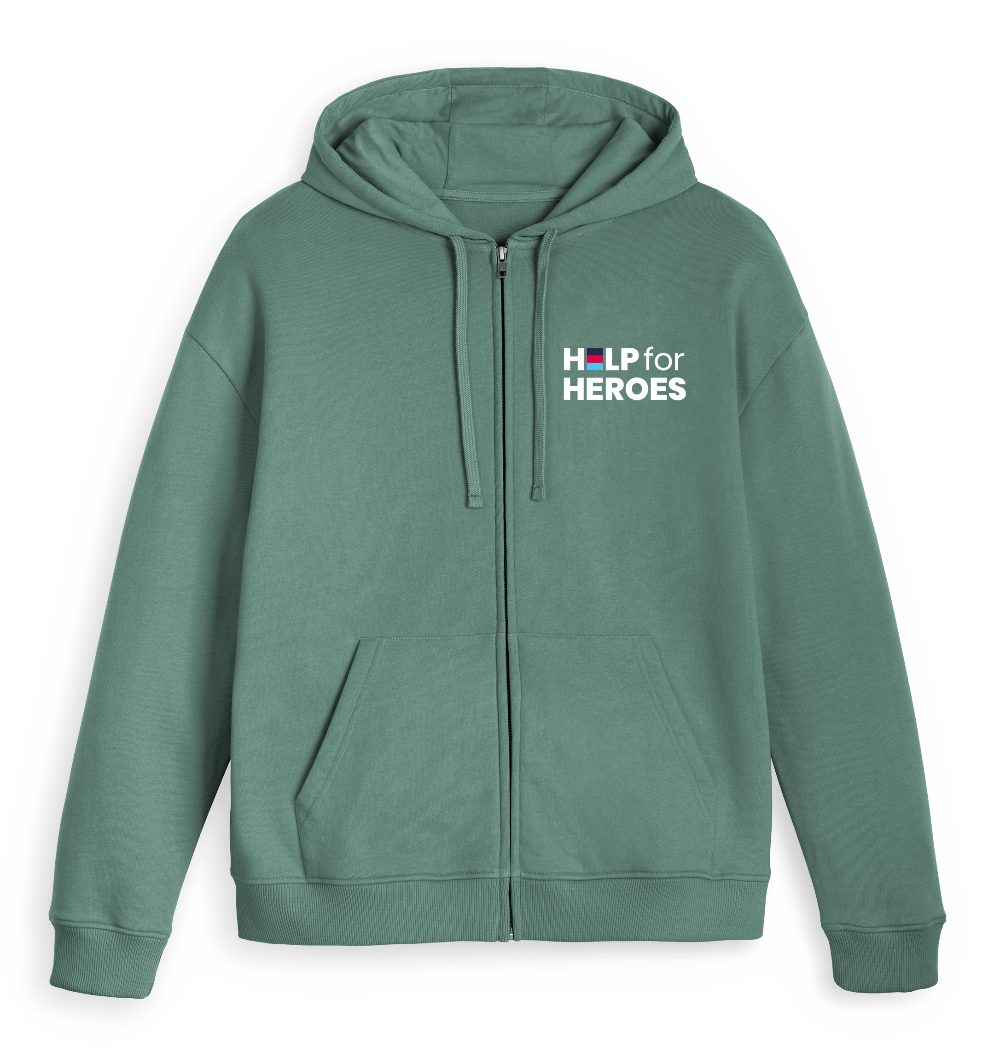 Surf green hoodie with 'Help for Heroes' logo on a dark blue background
