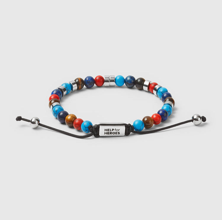 Help for Heroes tri colour beaded bracelet with branded logo 