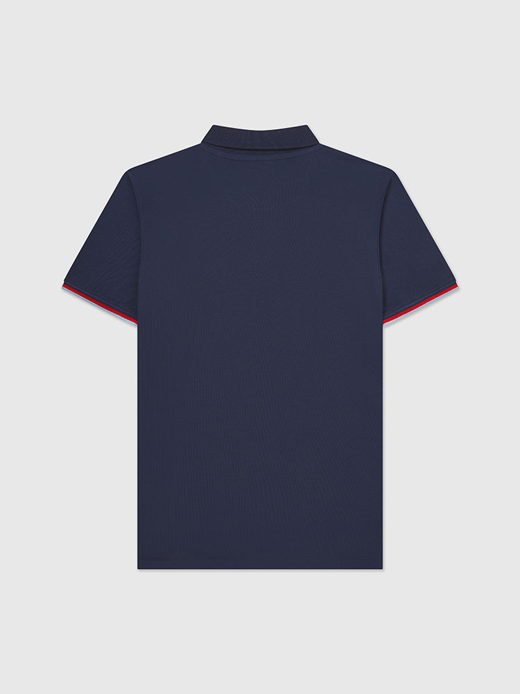 Back image of navy polo shirt which features Help for Heroes logo, Stretcher Bearer logo and tri colour tipped sleeves