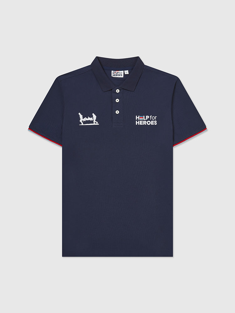 Front image of navy polo shirt which features Help for Heroes logo, Stretcher Bearer logo and tri colour tipped sleeves
