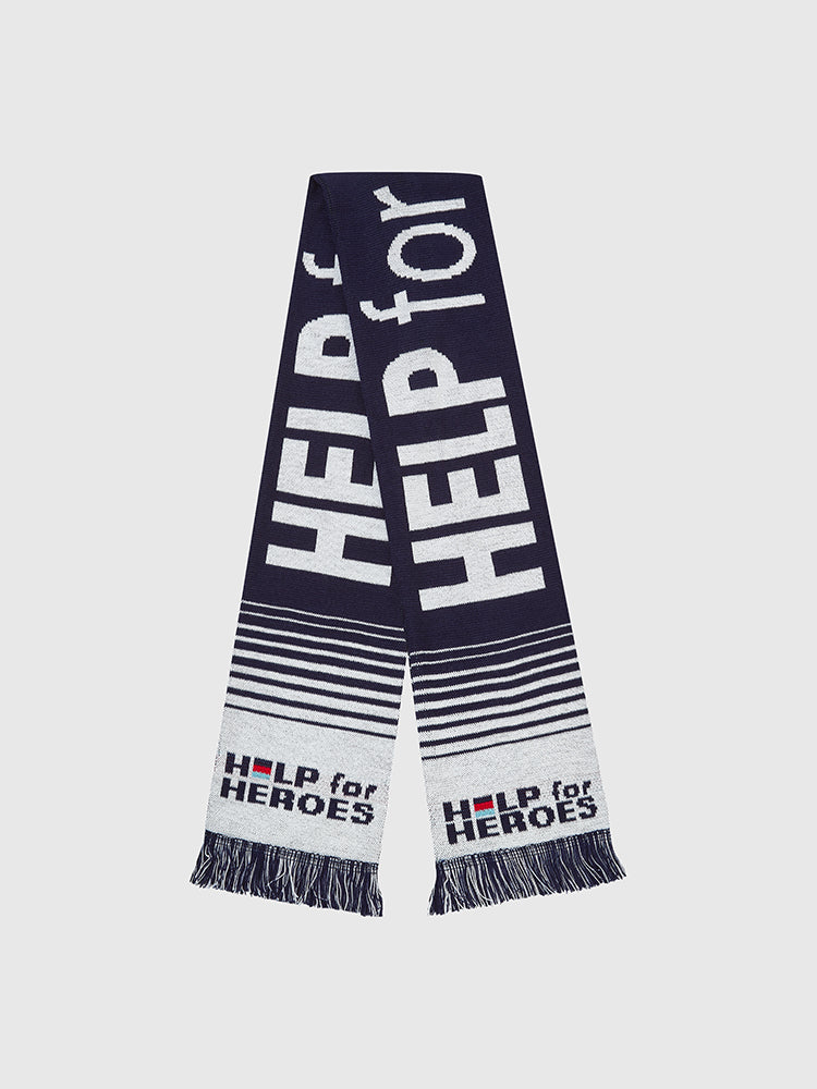 Flat lay image of navy scarf which features Help for Heroes logo and writing in white text