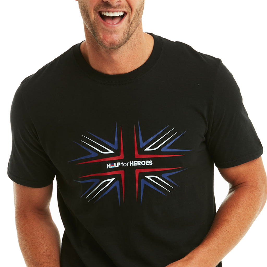 Model wearing black tshirt with printed union jack and Help for Heroes logo on the front