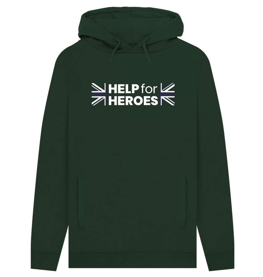 Front image of dark green hoodie with the Help for Heroes logo printed between the Union Jack flag