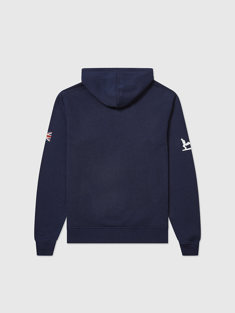 Back image of navy pullover hoodie which features the Help for Heroes logo and tri colour stripe. Printed Union Jack flag on one sleeve and Stretcher Bearer logo on other sleeve