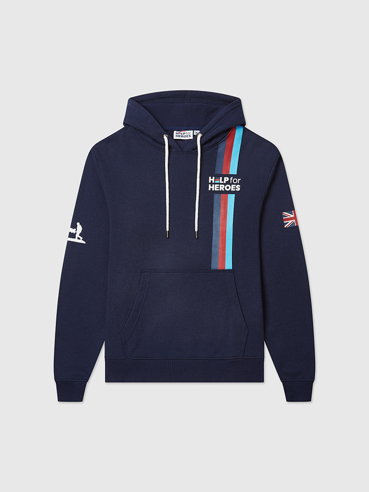 Front image of navy pullover hoodie which features the Help for Heroes logo and tri colour stripe. Printed Union Jack flag on one sleeve and Stretcher Bearer logo on other sleeve