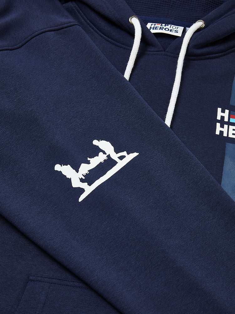 Close up image of stretcher bearer logo on the sleeve of Help for Heroes navy hoodie