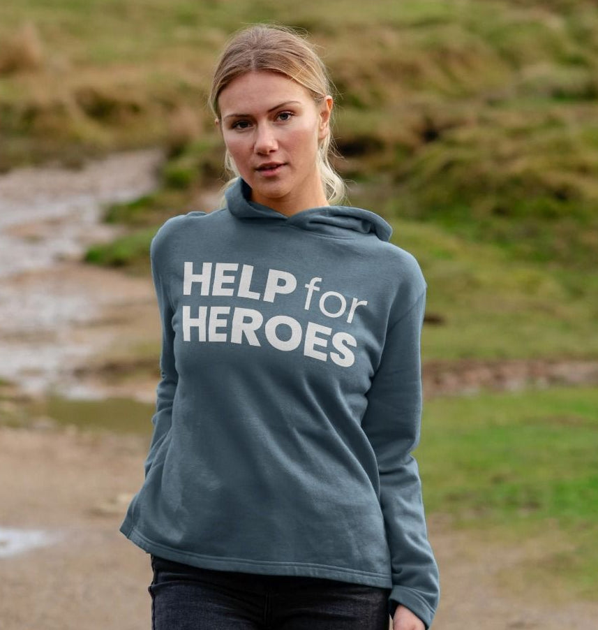 Model wearing a stone blue Help for Heroes Logo Hoodie
