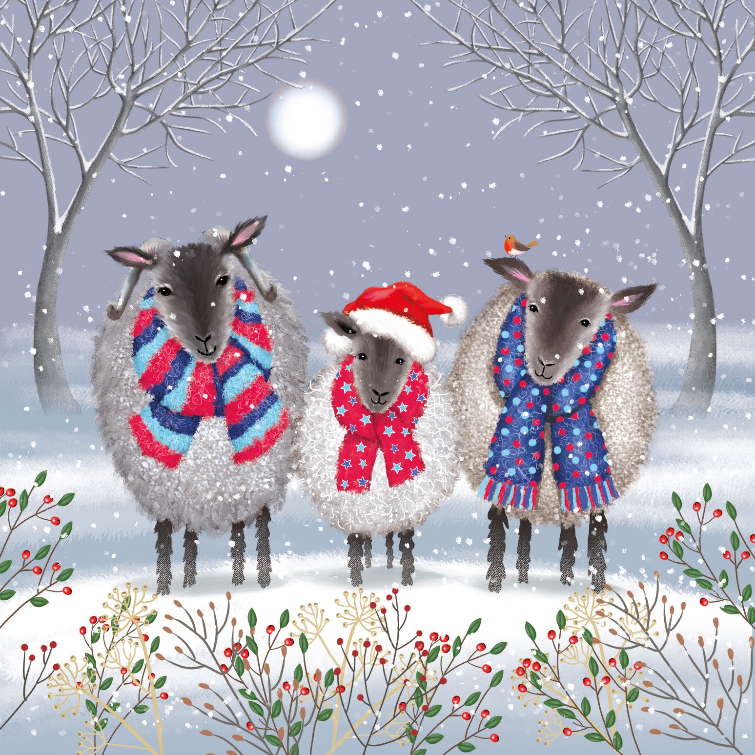 Help for Heroes Charity Christmas card featuring three festive sheep, dressed in scarves for Xmas