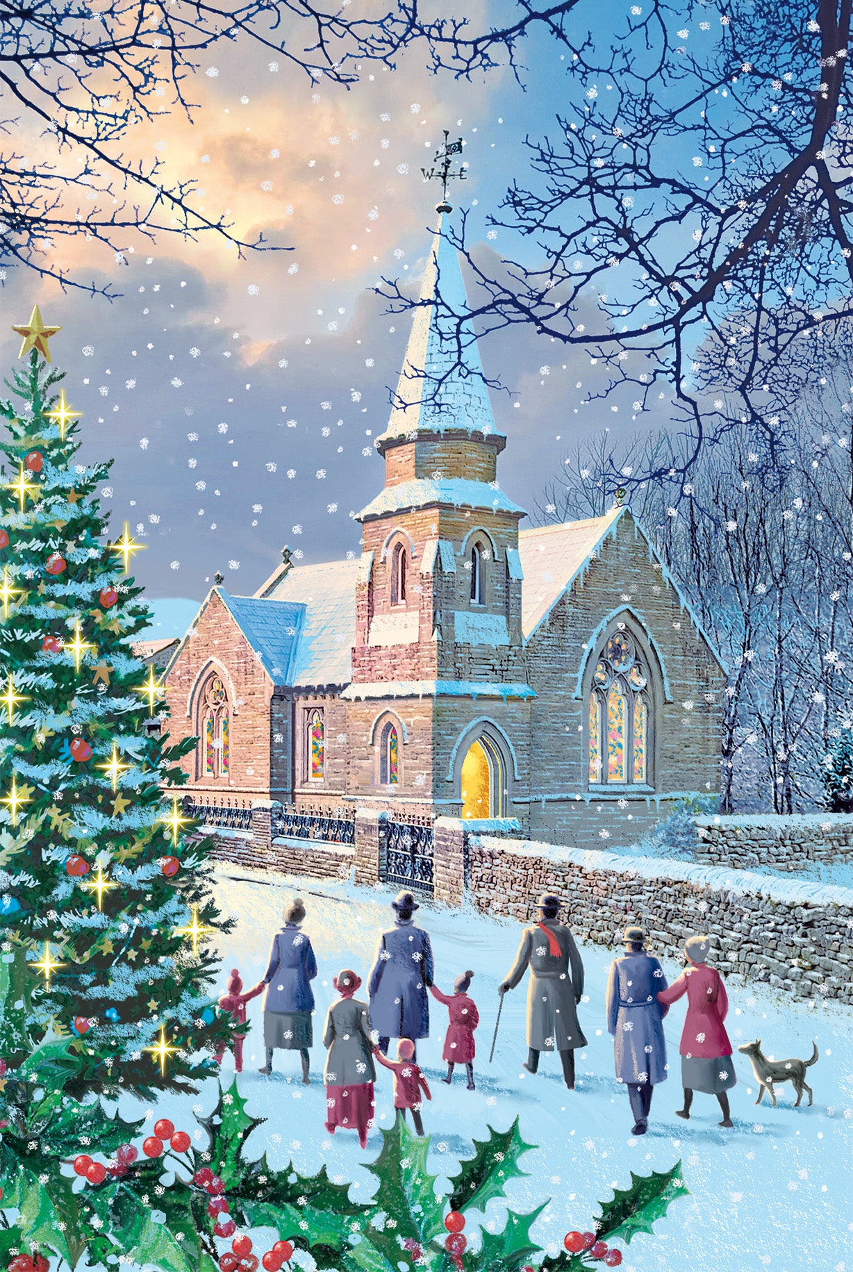 Help for Heroes Charity Christmas card depicting a festive scene of a family attending church in the snow
