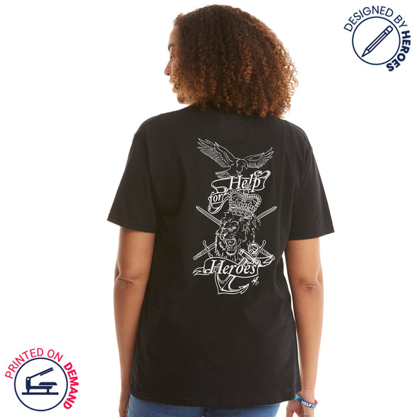 Help for Heroes Women's Crown Tattoo Back Print T-Shirt in Black